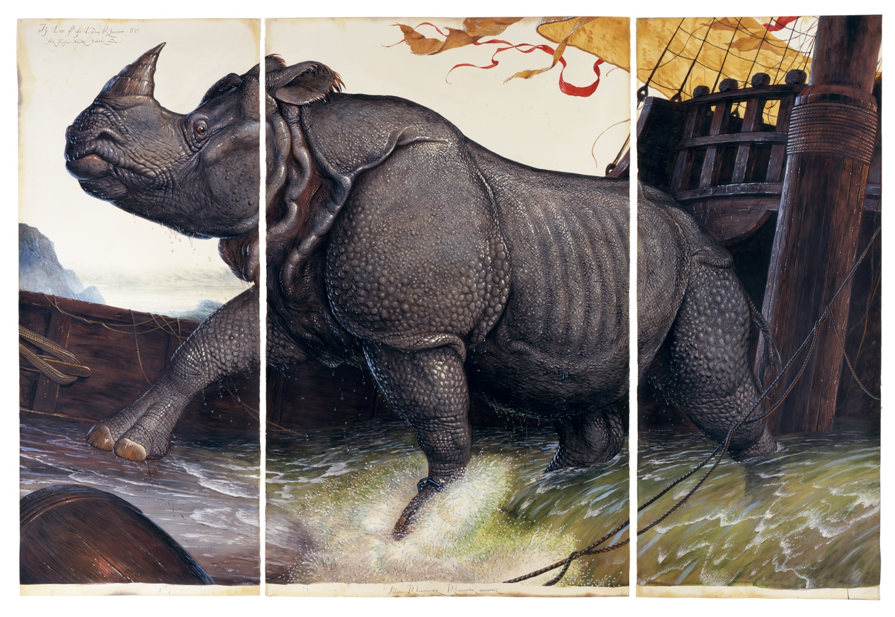 Walton Ford Loss of the Lisbon Rhinoceros , 2008, watercolor, gouache, pencil, and ink on paper. Panel 1 framed: 98 1/4 x 42 3/4 inches, Panel 2 framed: 98 1/4 x 62 3/4 inches, Panel 3 framed: 98 1/4 x 42 3/4 inches.