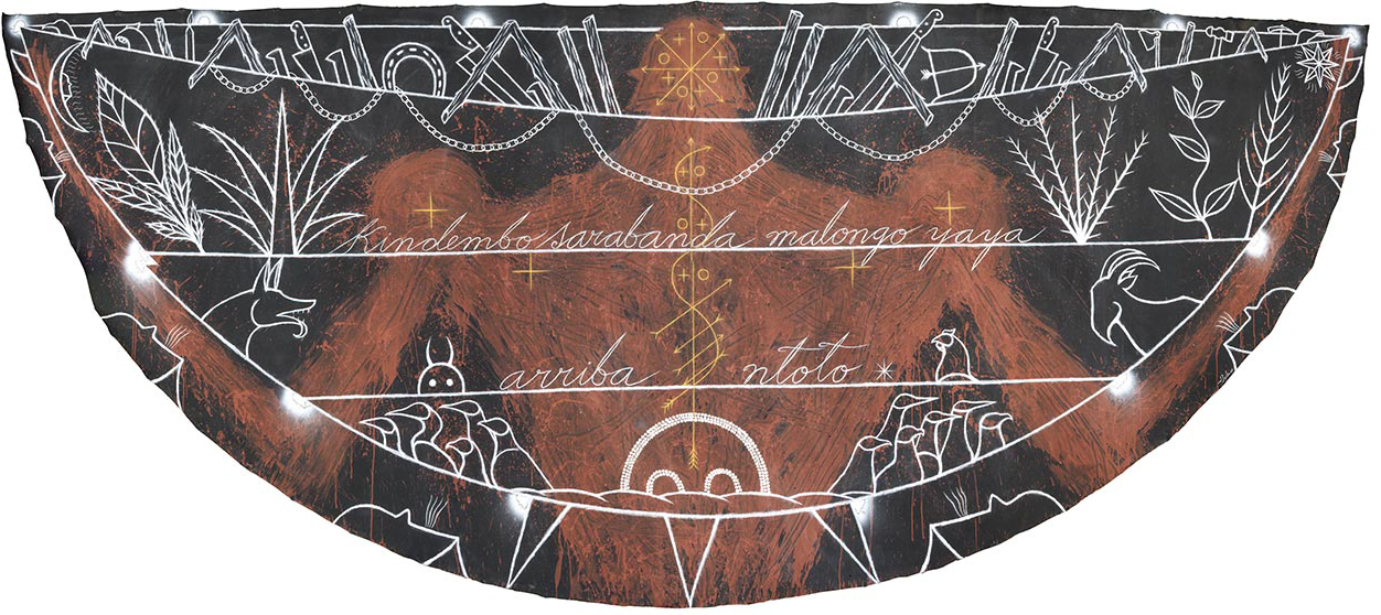 José Bedia Valdés, “Kindembo Sarabanda Malongo Yaya Arriba Ntoto” 2009. Acrylic on canvas, 182 x 464 cm.
