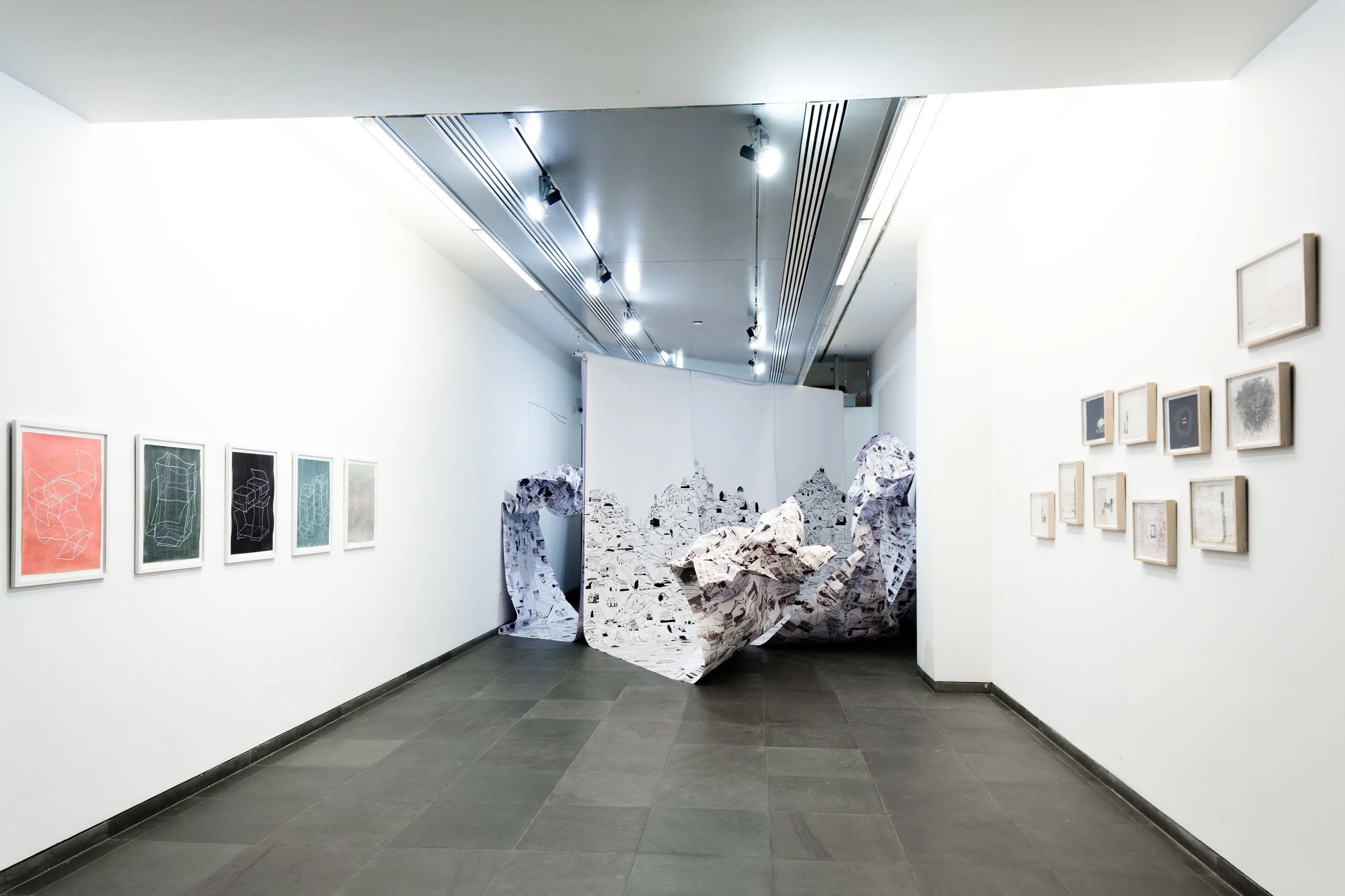 Installation view of works by Brigitte Mahlknecht (left), Judith Saupper (center), William Cordova (right). Image Courtesy ACFNY/Luca Mercedes