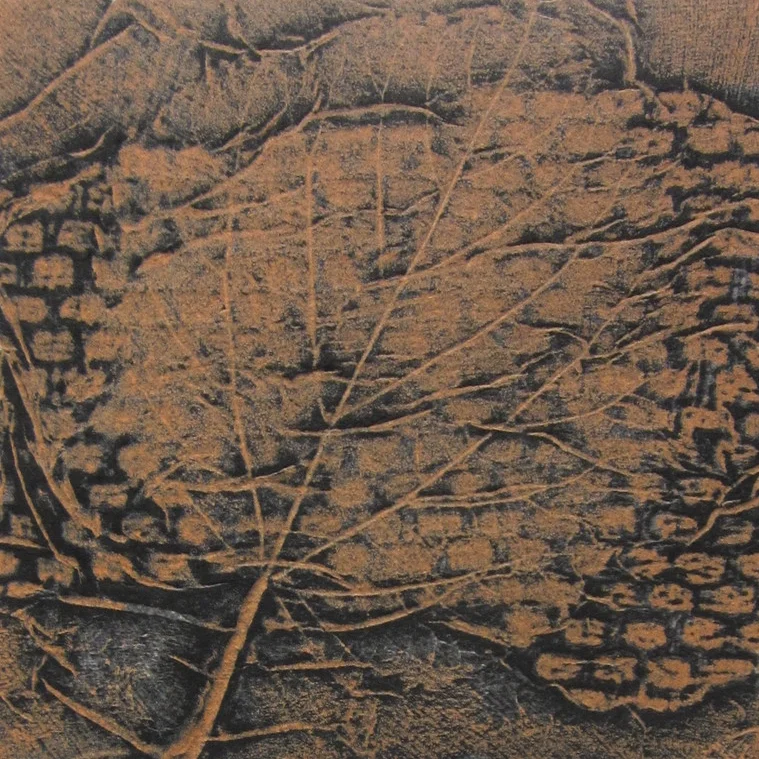  Collagraph. Black ink intaglio, orange ink relief. 