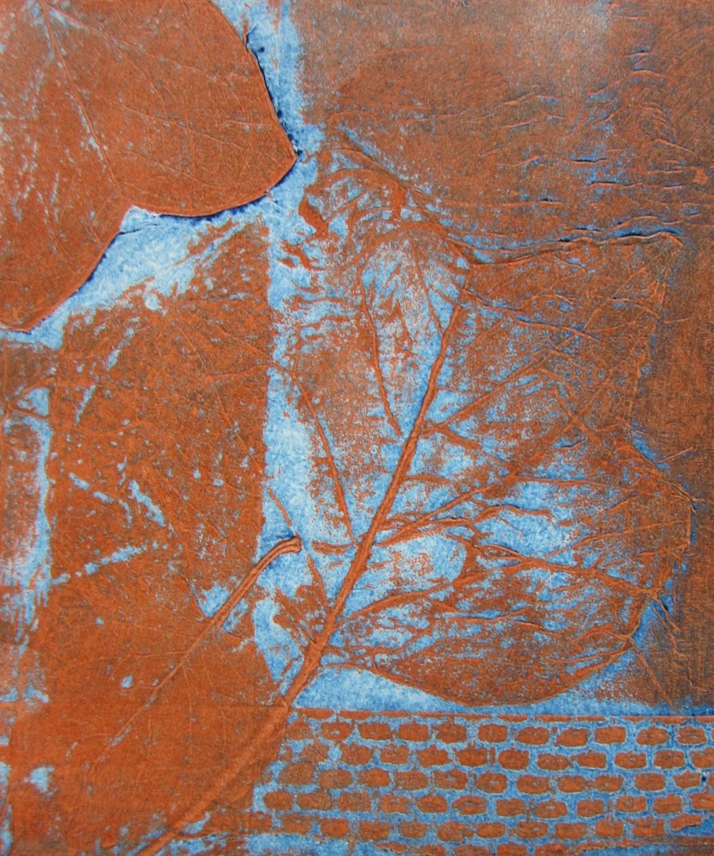  Collagraph. Blue ink intaglio, orange ink relief. 