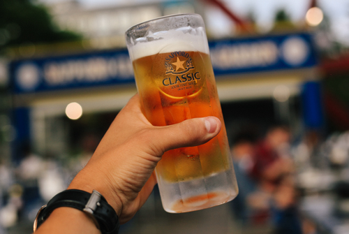 Drinking some Sapporo beer at the Sapporo beer garden in Sapporo -- SAPPORO, SUCKA!