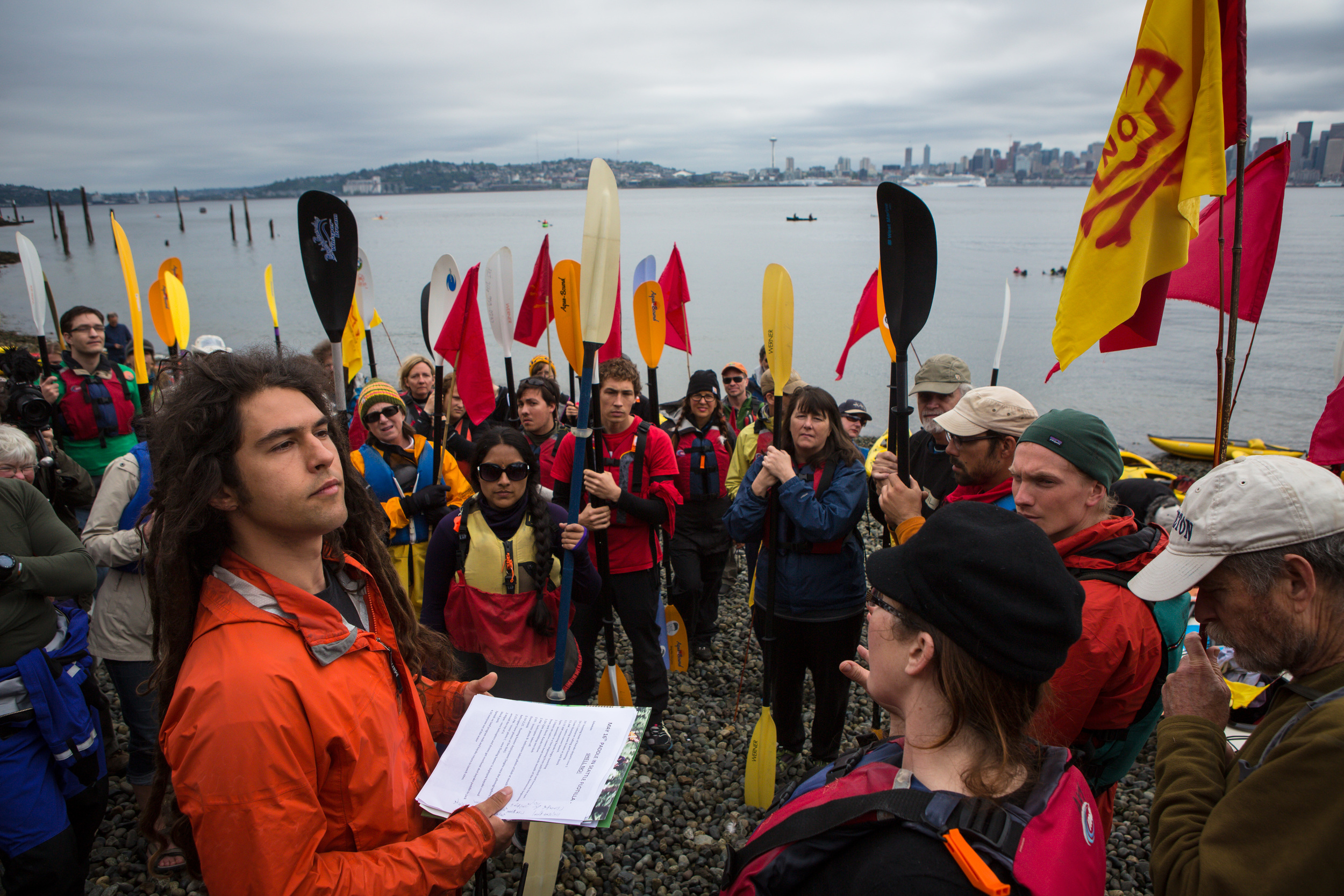   Kayaktivists prepare to take to the water during protest against drilling in the Arctic and the Port of Seattle being used as a port for the Shell Oil drilling rig Polar Pioneer. The protest flotilla drew many paddlers to show their displeasure wit