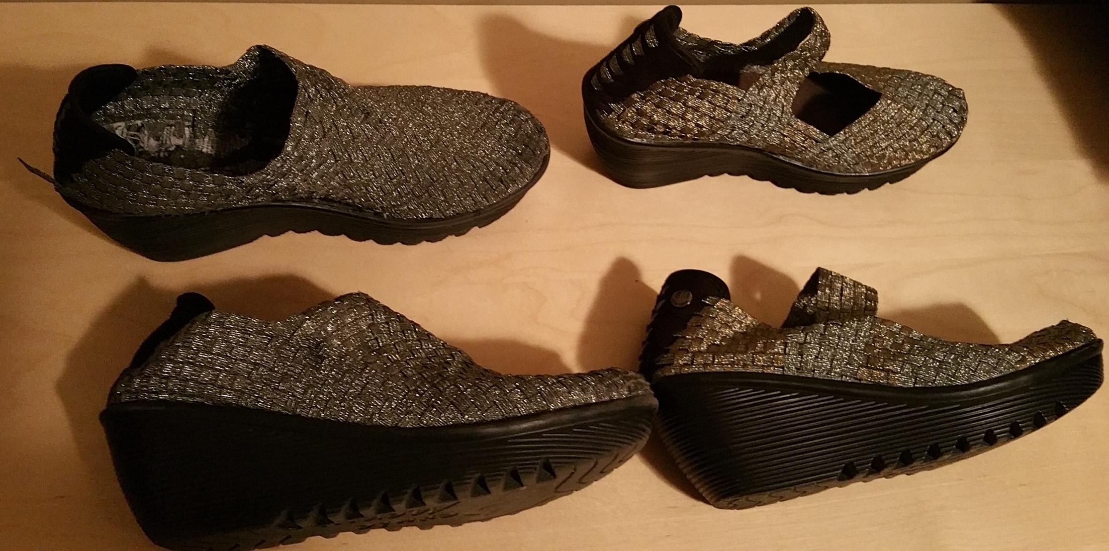 These are my work shoes, the shoes on the left are older and you may be able to see how worn out they are in the heel. I have taken the insole out so you could see. For wearing them every day for a year they are in great condition!