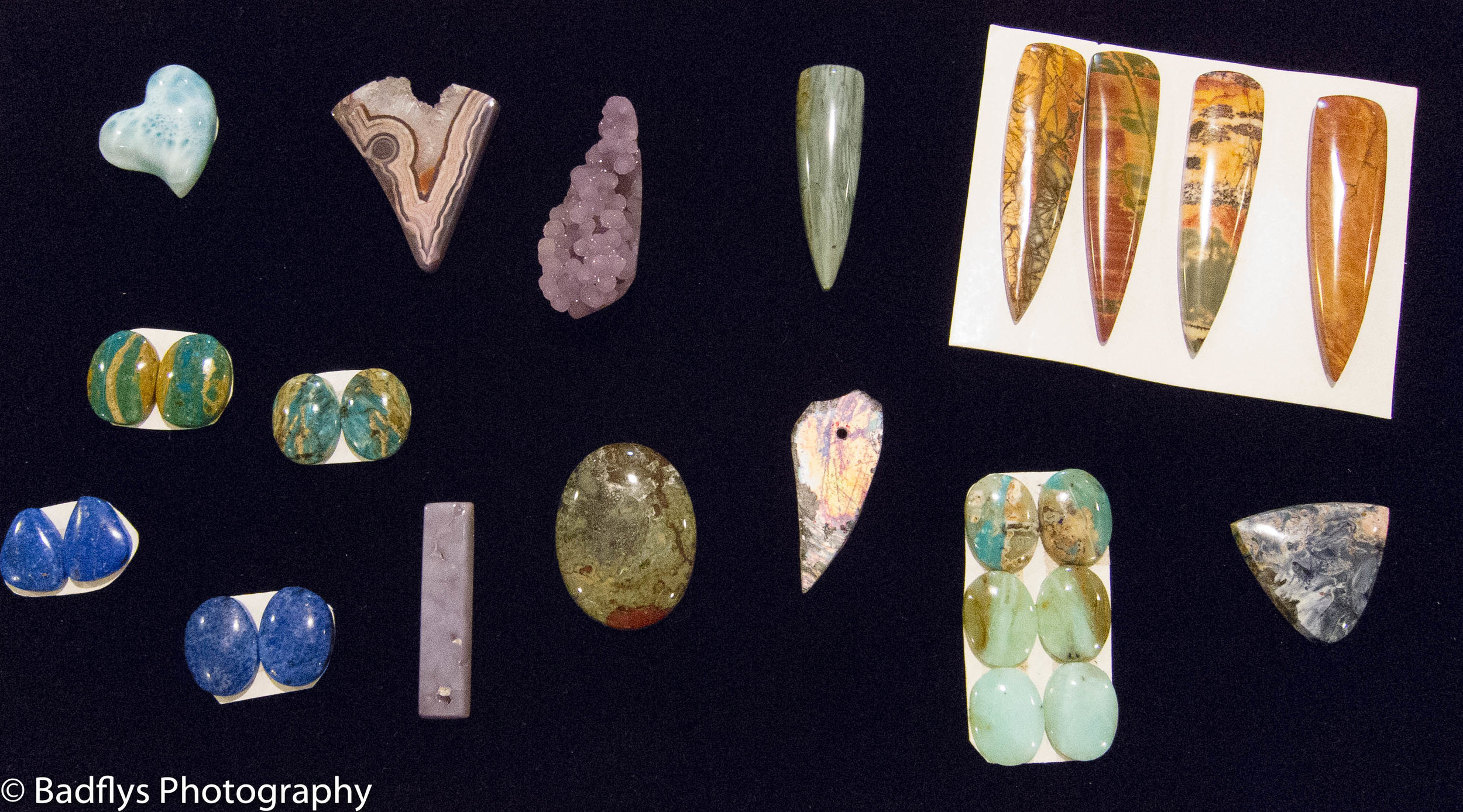 Here is a selection of stones I've recently acquired. These will find their way into some new pieces I am creating. There's Larimar, Chrysocolla, Denim Lapis, Red Creek Jasper, Roman Glass, oh my! Had a lot of fun at the Denver Gem shows this September. Now I just have to "get busy"!