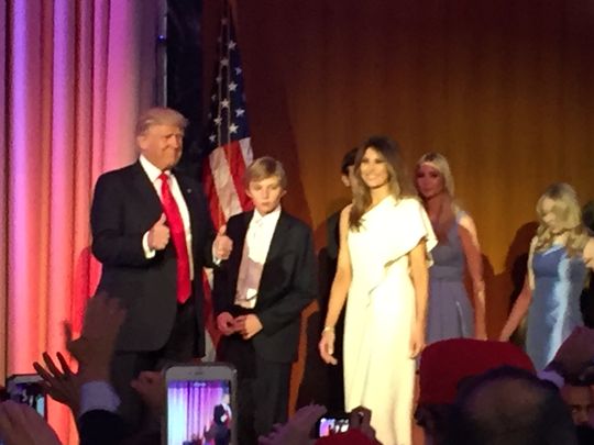 The Trump family takes the stage after Donald Trump's presidential win is announced. (Photo: Tim and Monique Breaux)