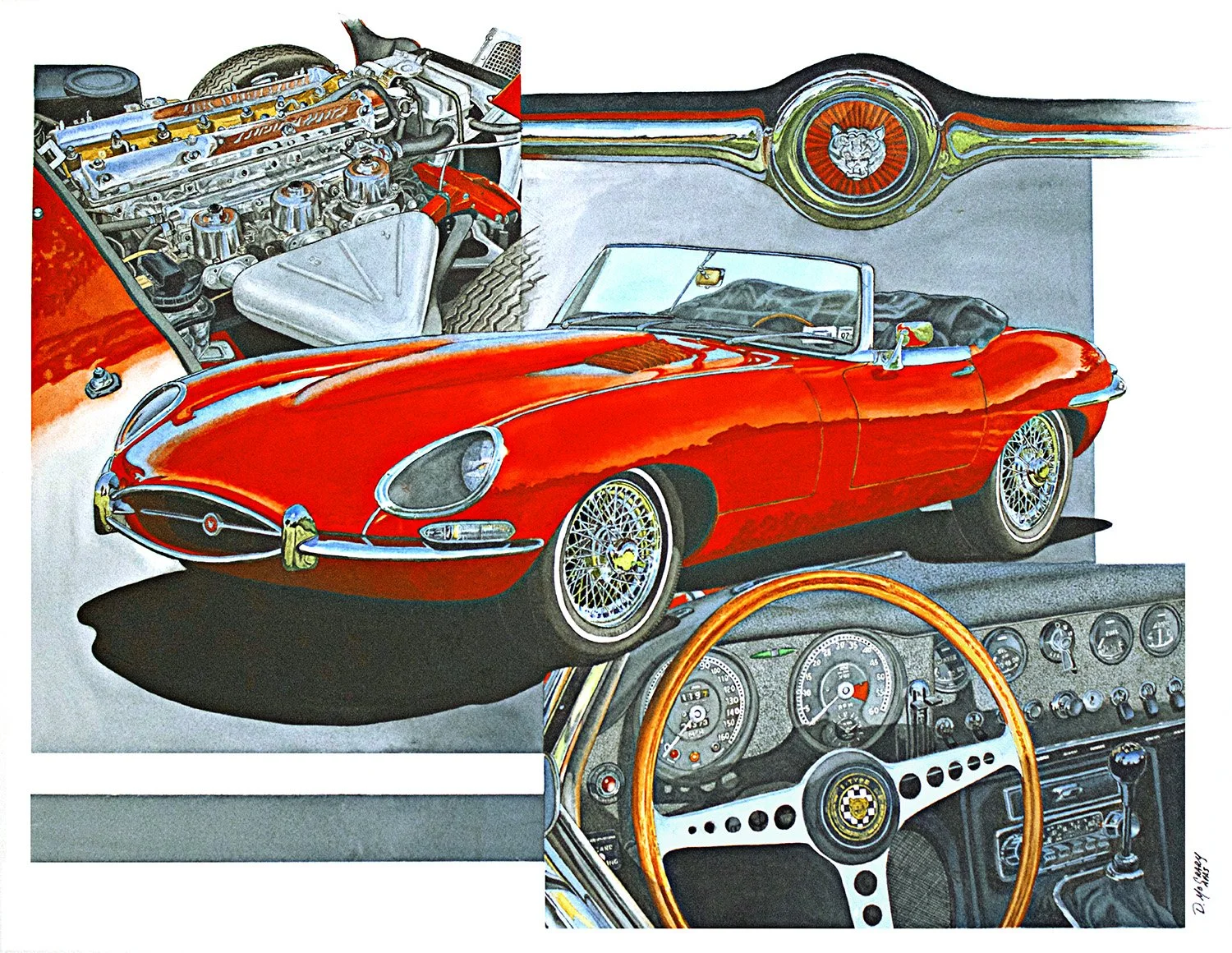 E-TYPE IN RED, Automotive Art, Foreign & Sports Cars, Automotive Fine Art, Jaguar, Jaguar XKE, Jaguar Art Prints