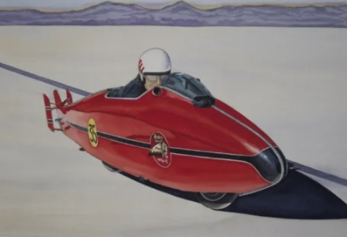 "BURT'S SALTY ADVENTURE" - depicts Burt Munro's assault on the Bonneville Salt Flats with his ancient Indian Motorcycle as depicted in the movie "The World's Fastest Indian" Giclee Print, image size 18" w x 12" h, signed and numbered edition of 200. Price $125.00, includes shipping within the continental US. Also available as a smaller print - image size 10" w x 7" h, signed and numbered edition of 500. $25.00 plus $5.00 shipping within the continental US.