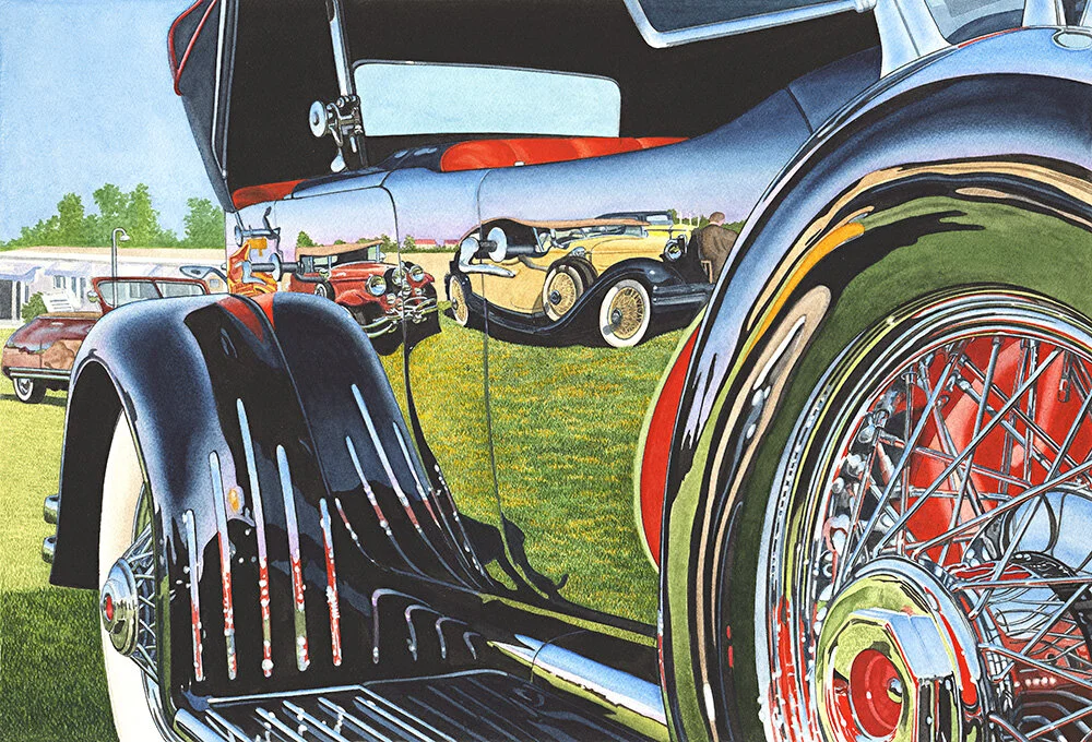 Classic Cars, Reflections on a Phaeton, Duesenberg, Automotive Art, Automotive Fine Art, Dan McCrary, Phaeton, Dual-Cowl Phaeton