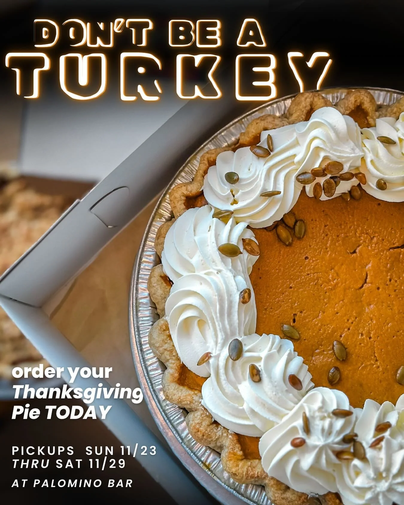 THANKSGIVING PIE ORDERING IS AVAILABLE NOW! 🥧

It&rsquo;s almost Turkey Day. Impress your family and show up to your holiday celebration with one of our pies.&nbsp;

All The Pickup Details:
📍Pickup Location: Honeypie Bakeshop (inside @palominobar )