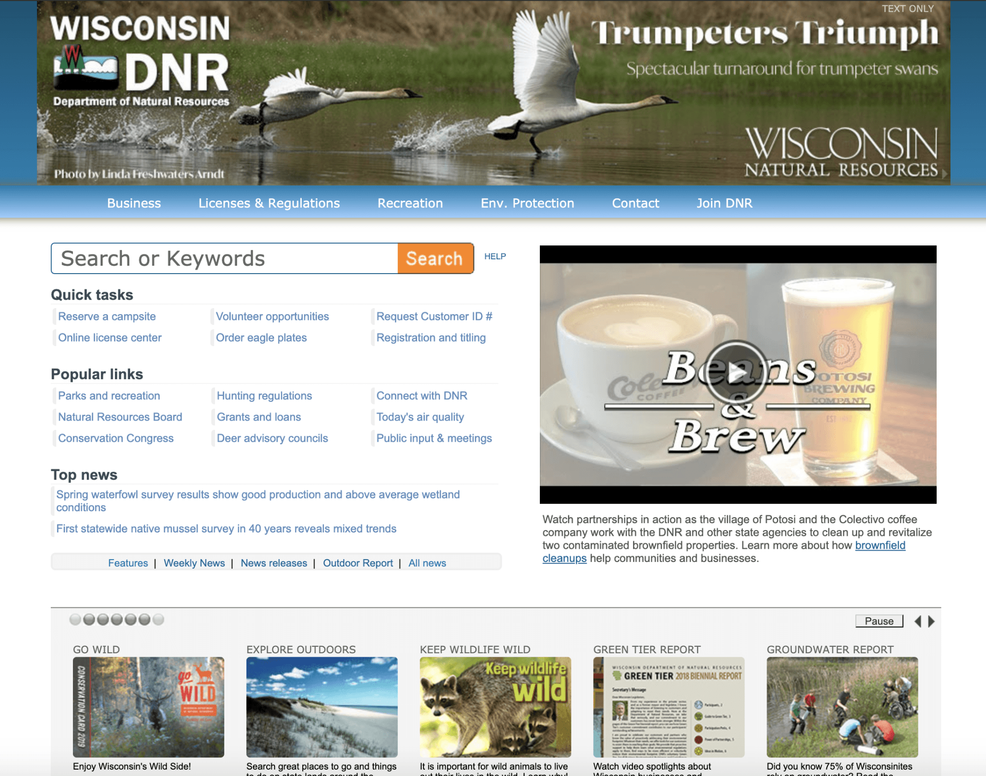 Current WDNR homepage as of July 7, 2019.