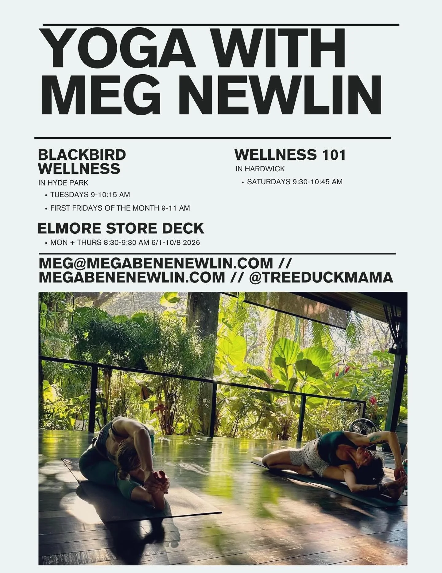 Current Yoga Schedule >> 

Tuesdays @blackbirdvt9 in Hyde Park 9-10:15am 
Saturdays @wellness101vt in Hardwick 9:30-10:45am
First Friday of every month @blackbirdvt9 9-11am

Beginning 6/1 Mondays + Thursdays on the deck @elmorestorevt 8:30-9:30