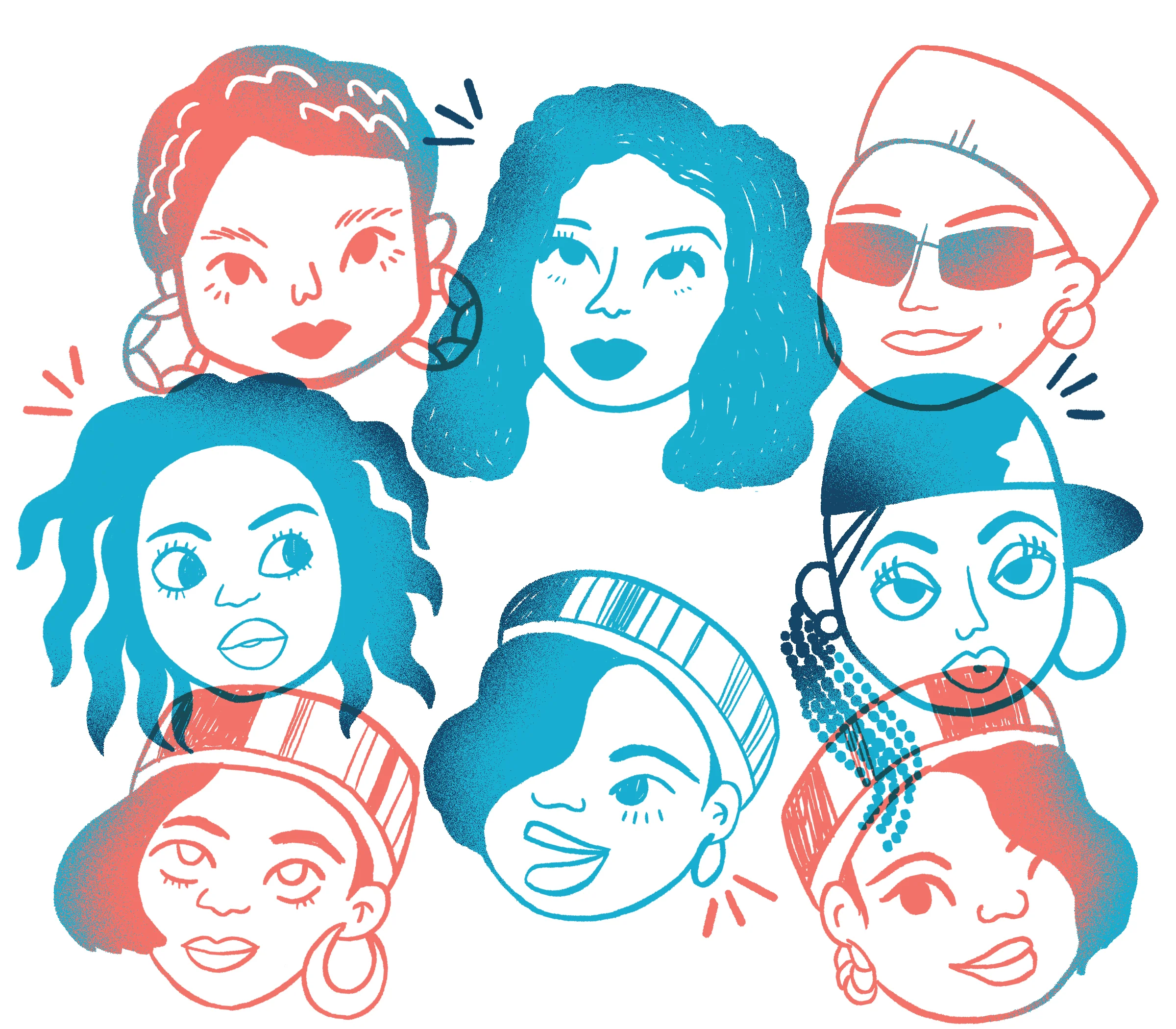 Portrait. First row, from left to right: Michie Mee, MC Lyte, Queen Latifah. Second row: Lauryn Hill, Missy Elliott. Third row: Salt, DJ Spinderella, Peppa