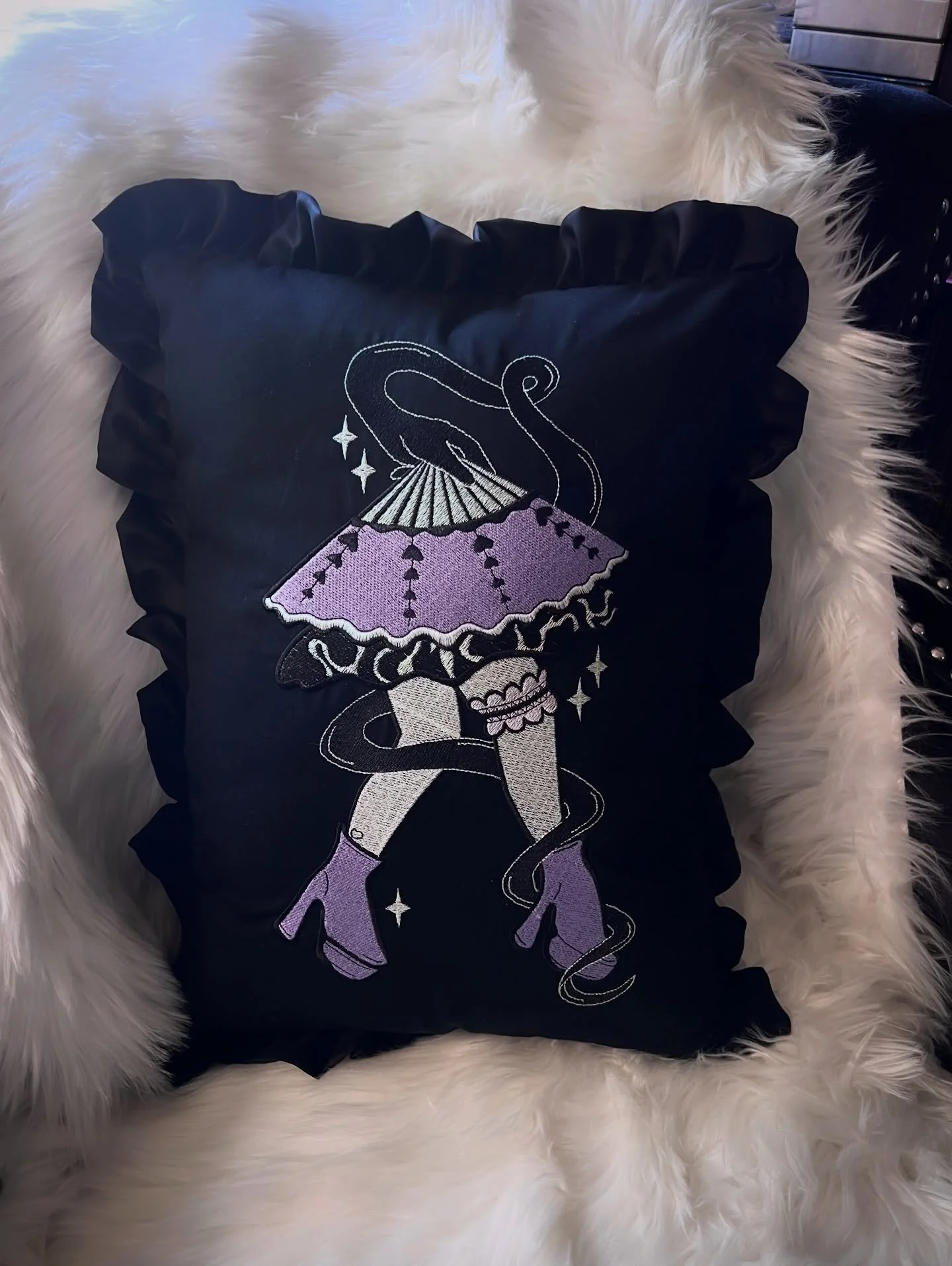 With this illustration, I created it a couple of years ago and just hadn&rsquo;t found a way to showcase it until now. I love this design and embroidery so much and love how it came out as a cushion. I felt like the ruffled edge was the perfect touch