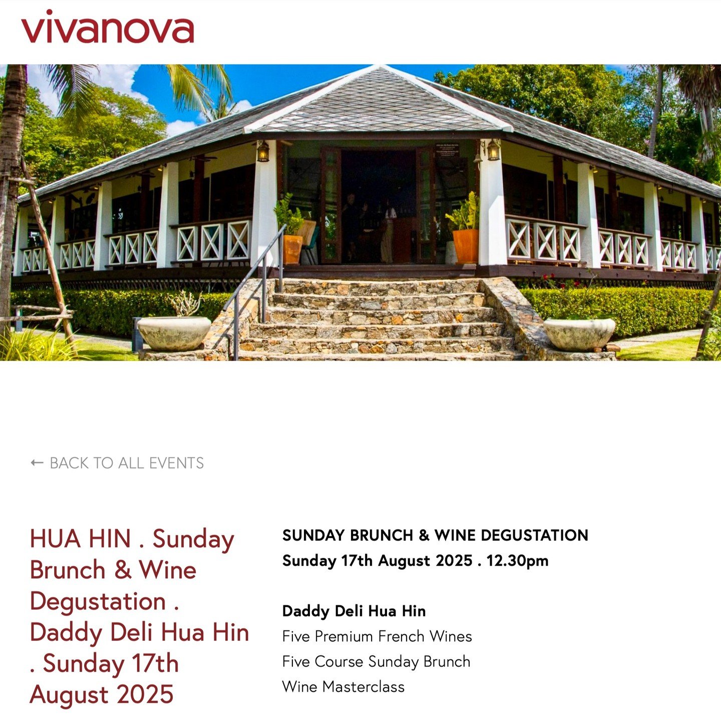 🇹🇭 SUNDAY BRUNCH &amp; WINE DEGUSTATION
Sunday 17th August 2025 . 12.30pm
Daddy Deli Hua Hin

Five Premium French Wines
Five Course Sunday Brunch
Wine Masterclass

THB 2600 per person
(includes brunch and wines)

Limited to 40 tickets
BOOK TICKETS
