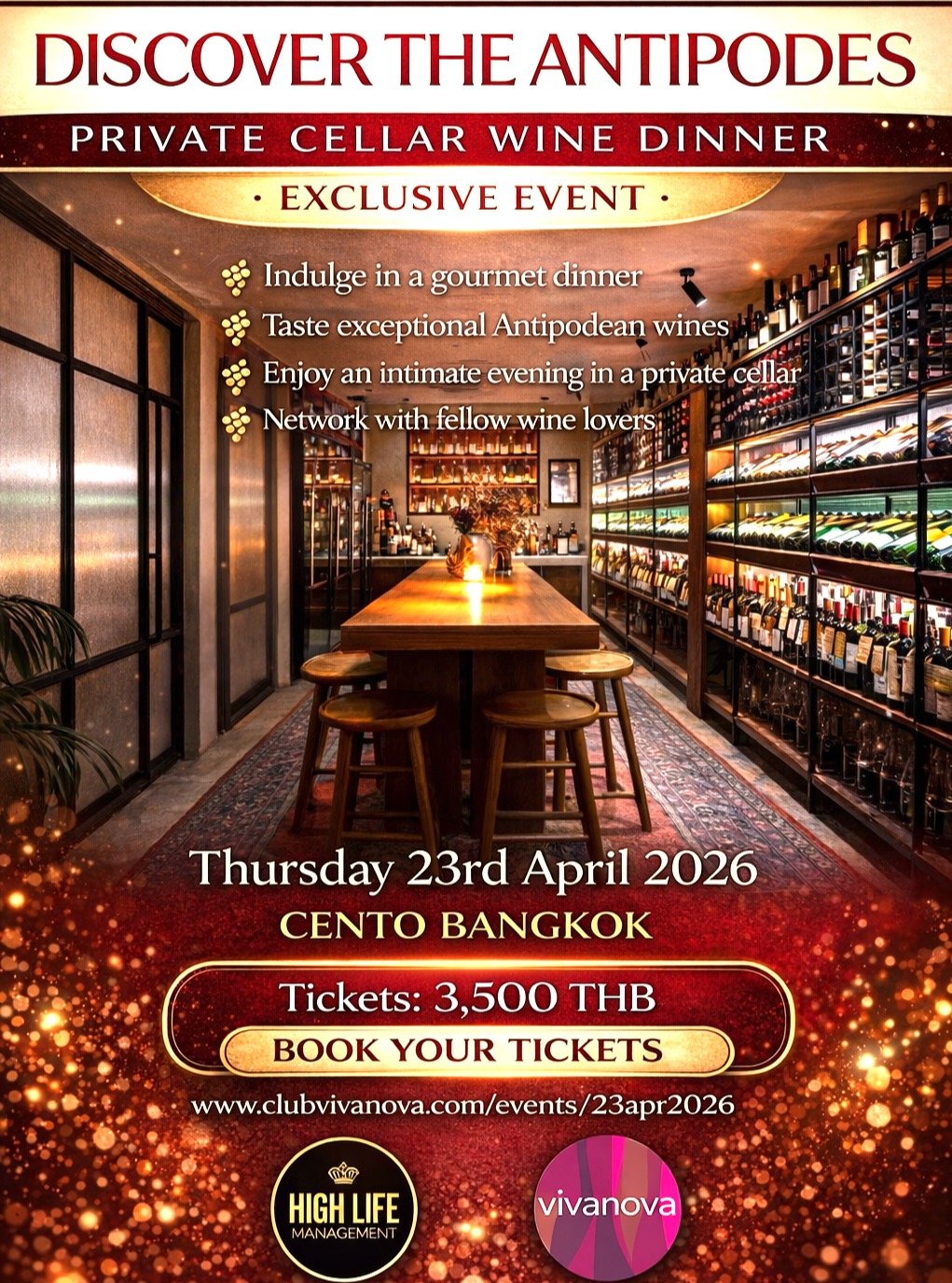 🍷 DISCOVER THE ANTIPODES
A Private Cellar Wine Dinner at Cento Bangkok
Thursday 23rd April 2026 . 7pm

An Intimate Gourmet Wine Evening
Five Courses . Five Premium Wines
Private Cellar . Cento Bangkok

THB 3,500 per person
Limited to 14 guests

JOIN
