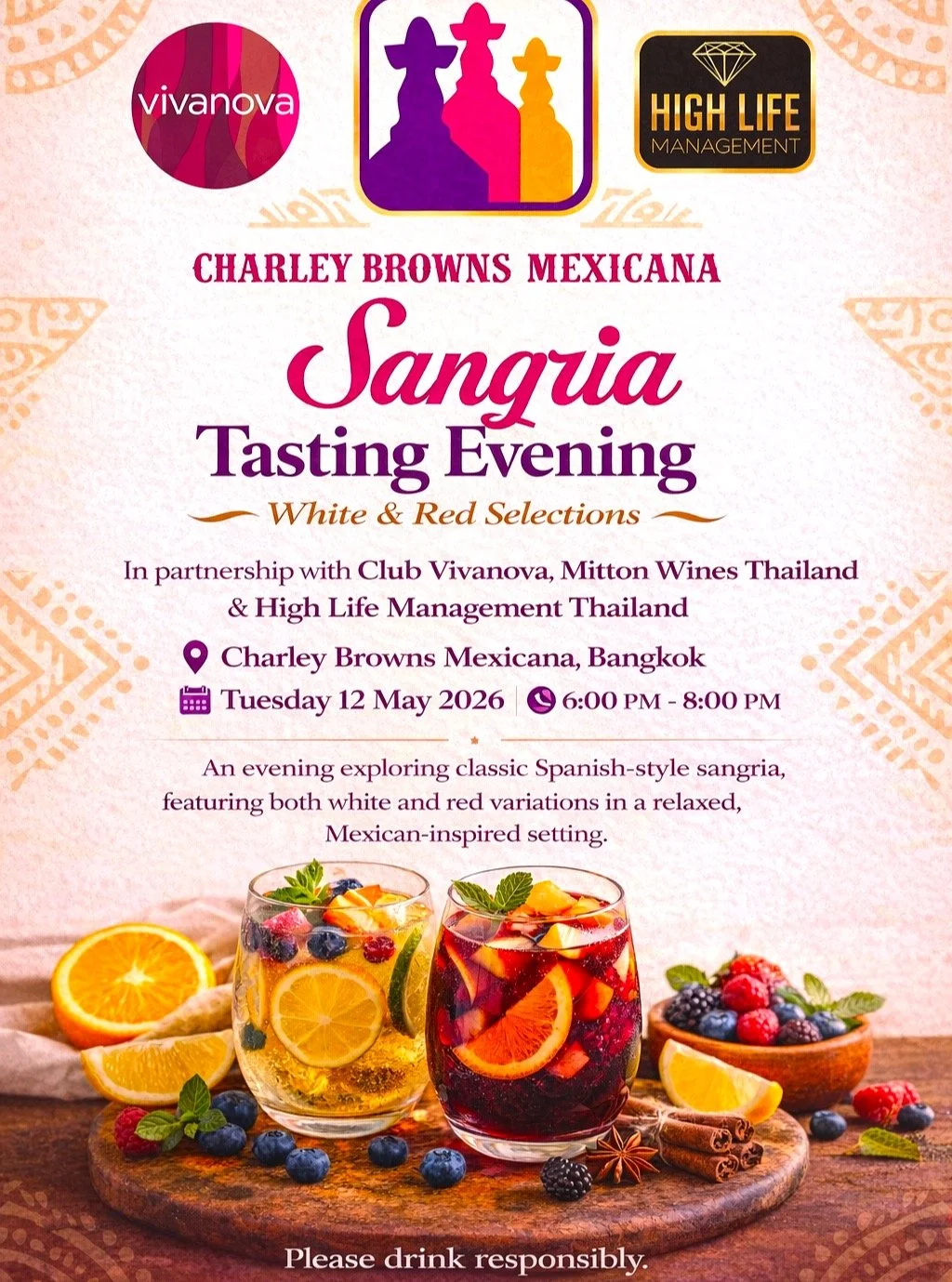 🍷 You Are Invited: After-Work Sangria Evening in the Heart of Bangkok. 

Tuesday 12th May 2026 . 6pm to 8pm
SANGRIA TASTING EVENING
Charley Browns Mexicana

Join us for a Sangria Tasting Evening at Charley Browns Mexicana in Bangkok on Tuesday 12th 