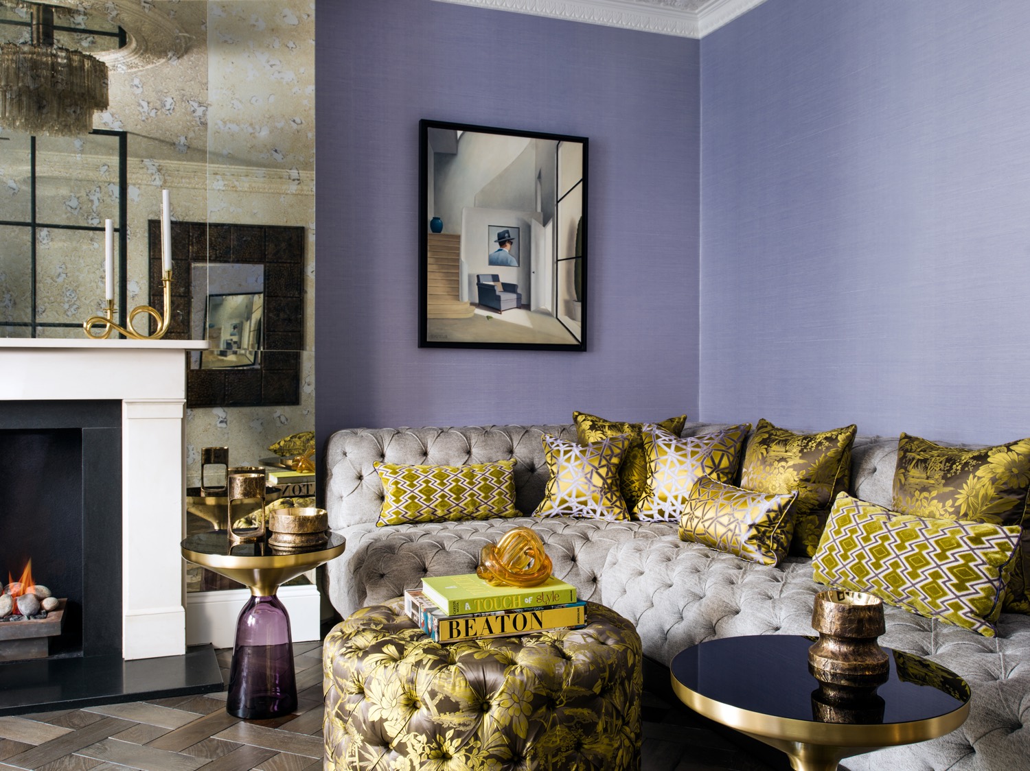 A top to bottom renovation and interior design of a typical Victorian terrace house in Parsons Green for a family with three teen age children. We combined Victorian style plasterwork , Antiqued Mirror and textured silk like wall covering with jewel toned velvets and silks for upholstery and cushions. A custom made button-tufted corner banquette is perfect for cocktails and is also used for sit down dinner parties.