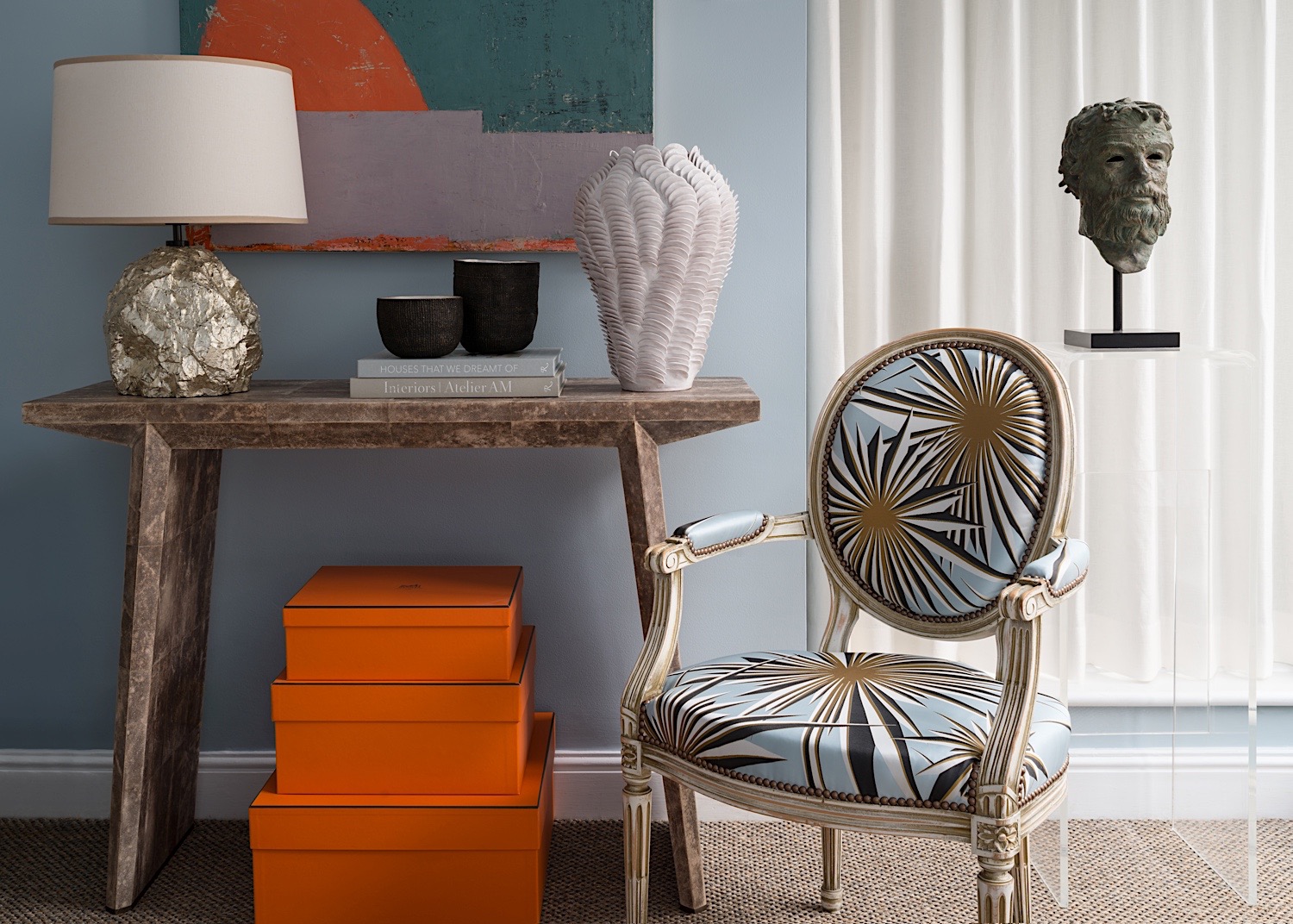  Shagreen console table and table lamp by Alexander Lamont. Vintage chair upholstered in a silk design by Tony Duquette for Jim Thompson. Painting by Joseph Goody. 