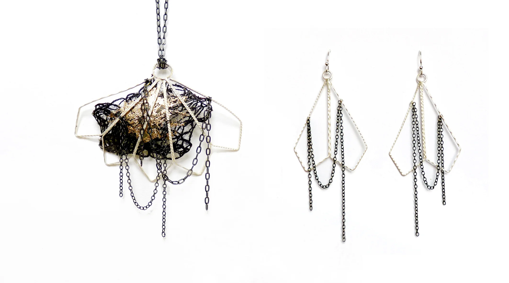 Diamond Fan Pendant and Earrings - silver, copper coated textile, gold leaf. 2012
