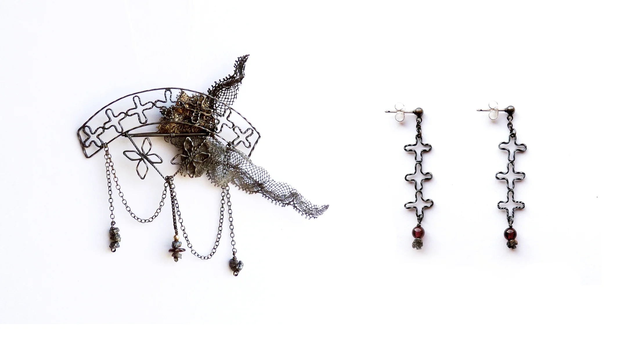 Flower Railings Brooch and Earrings - oxidised silver, garnet, rough diamonds, vintage lace. 2012