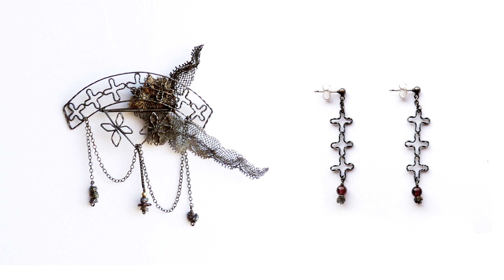  Flower Railings Brooch and Earrings -  oxidised silver, garnet, rough diamonds, vintage lace. 2012  