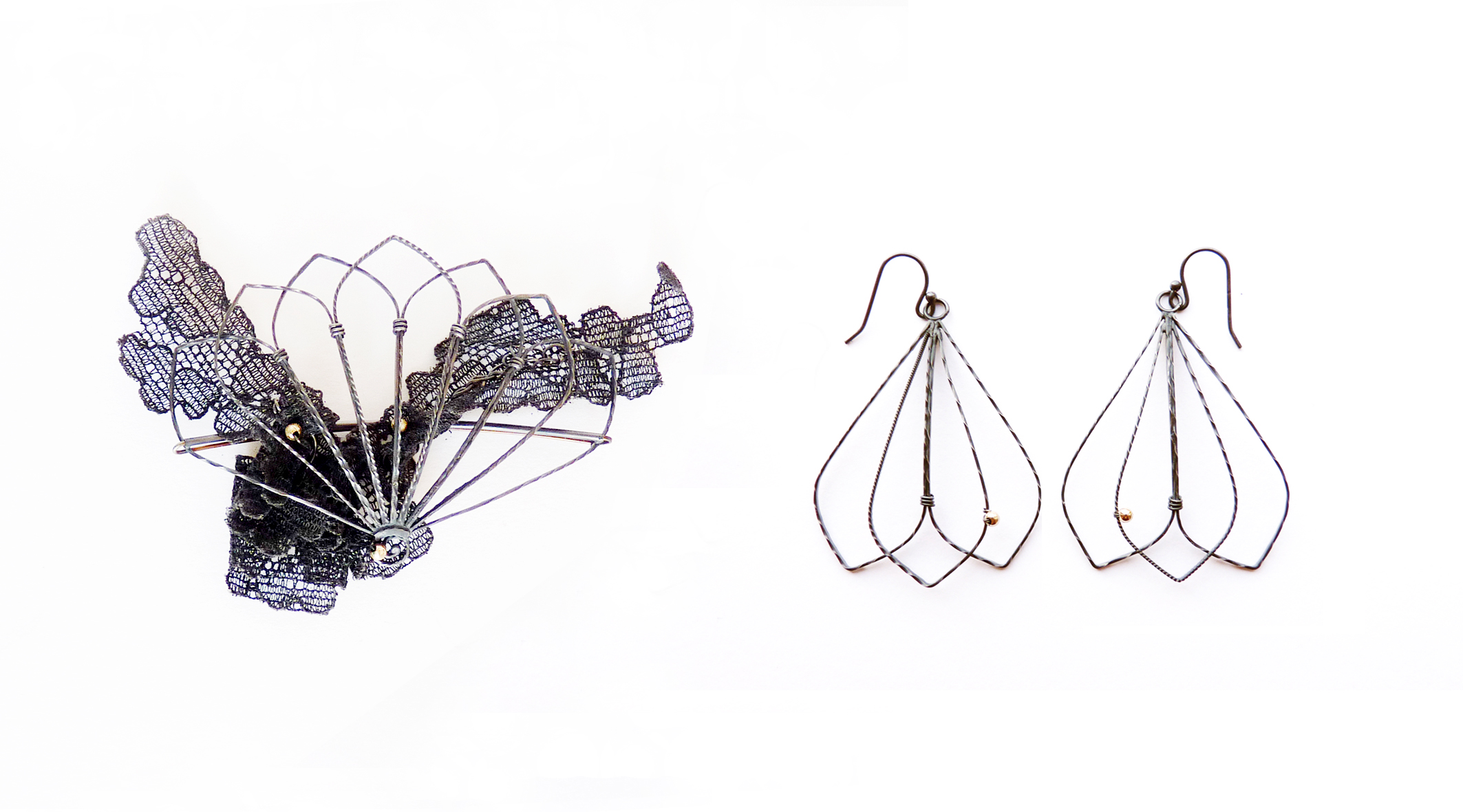  Fan Railings Brooch and Earrings -  oxidised silver, 9ct gold, vintage lace.&nbsp;2012  