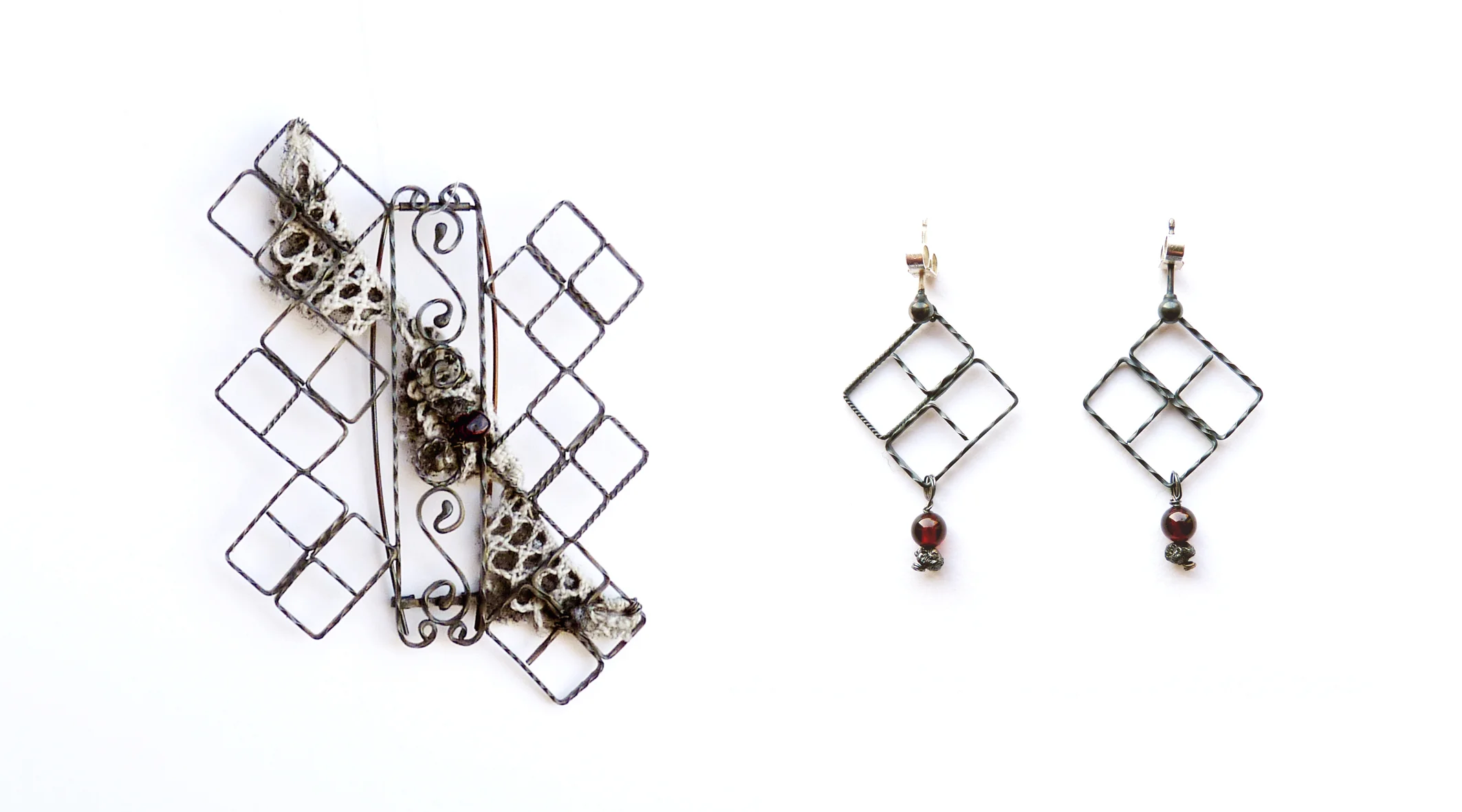 Cross Railings Brooch and Earrings - oxidised silver, garnet, rough diamond, vintage lace. 2012