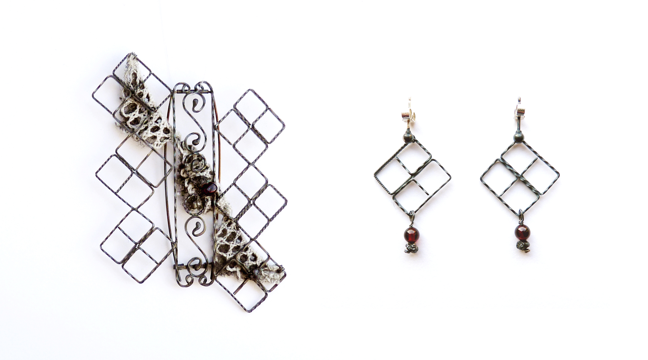  Cross Railings Brooch and Earrings -  oxidised silver, garnet, rough diamond, vintage lace. 2012  