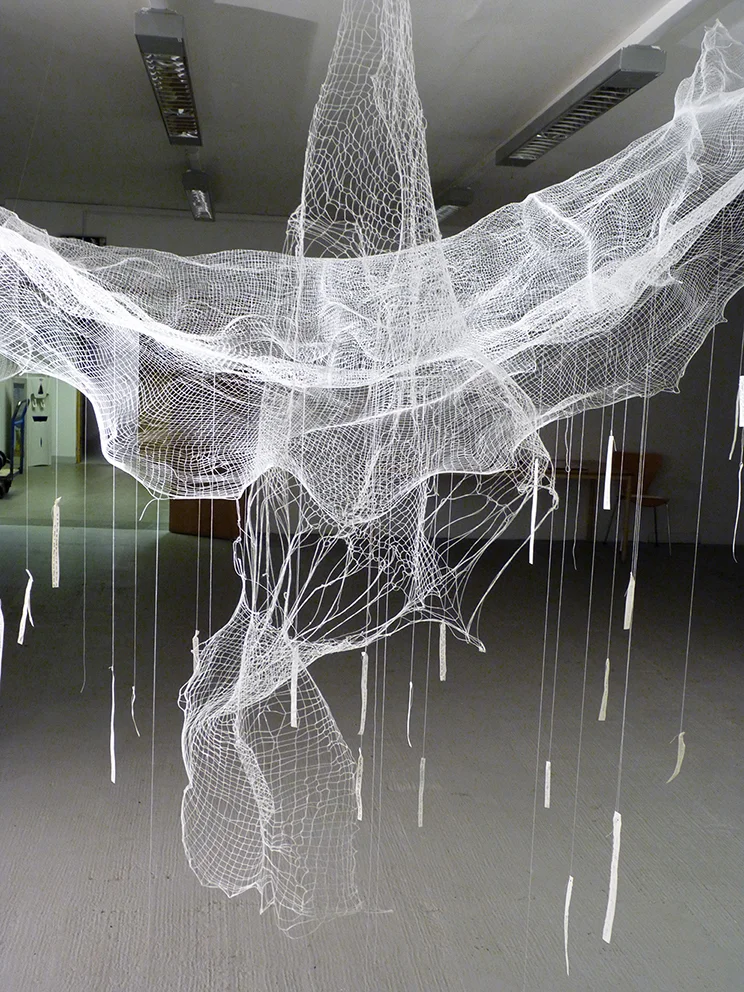 Thought Cloud - knitted textile, thread, paper (with written personal statements and anonymous statements contributed by visitors). 2015
