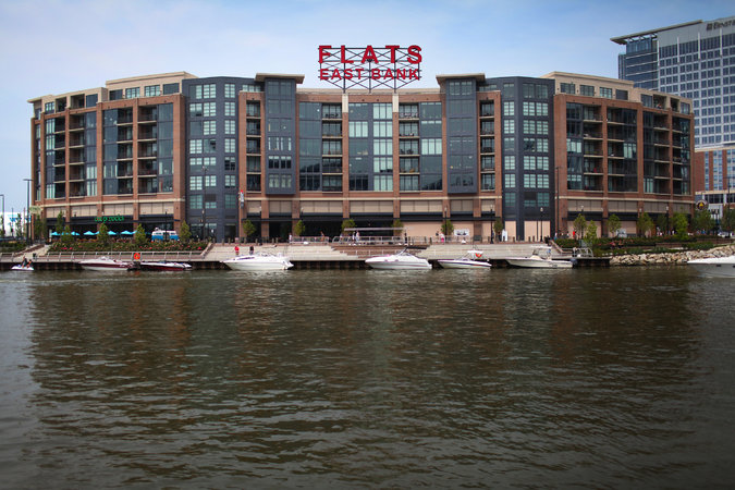 Flats East Bank is a mixed-use retail and live space with restaurants, clubs, condos and a hotel in Cleveland’s redeveloped Flats area. Credit Michael F. McElroy for The New York Times