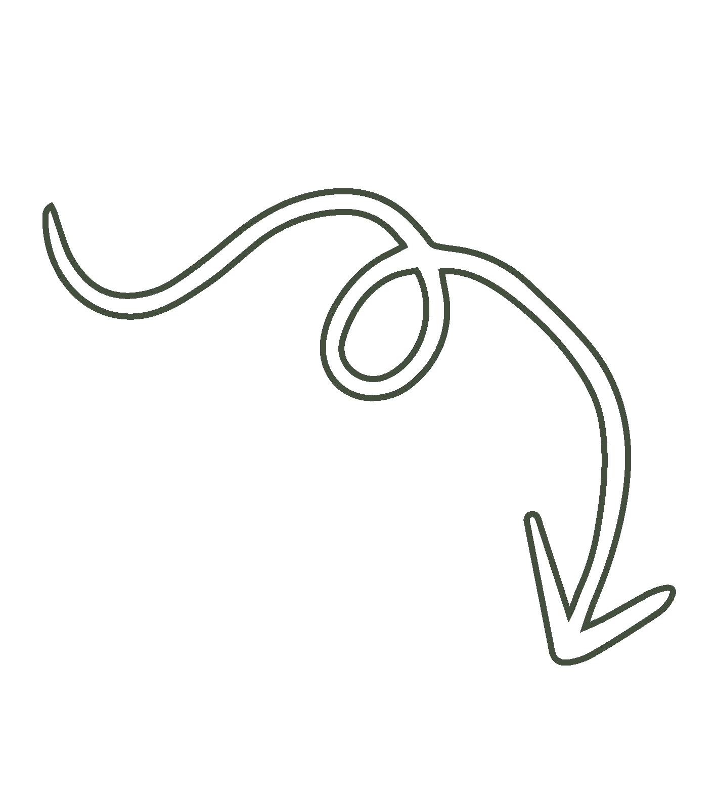 Outline drawing of a curved arrow pointing downward.