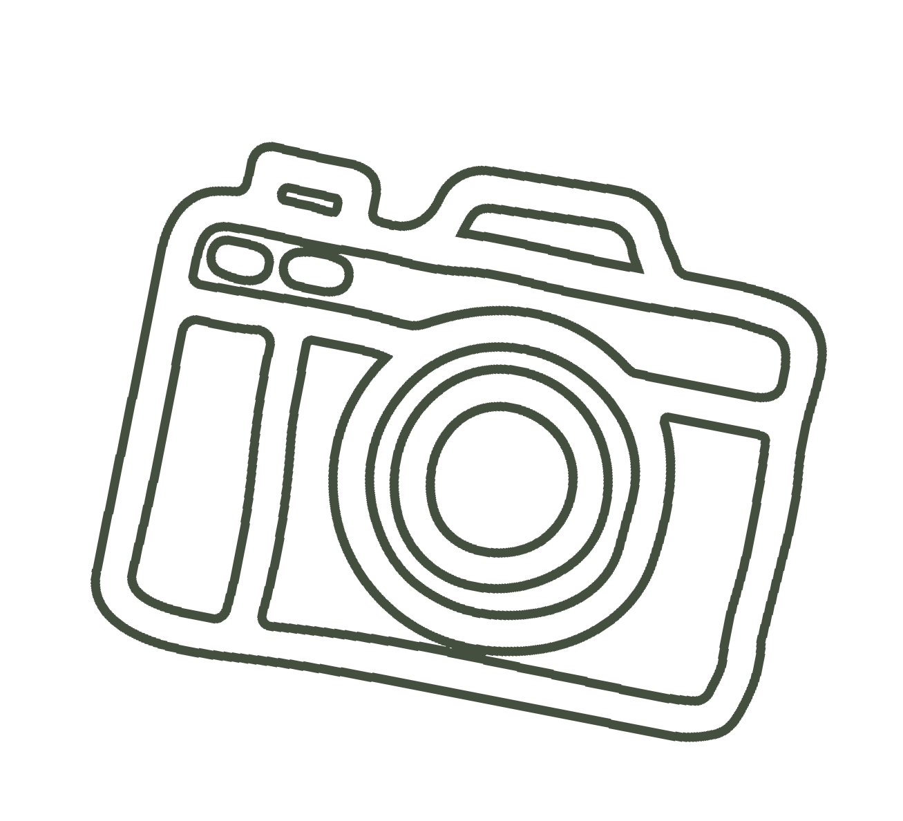 Outline drawing of a vintage camera on a black background.