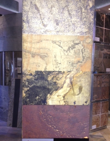 The back lit effect was popular. I expect to see more of it in the coming months. These are stone tiles that are very thin and applied over a light box. This would make a beautiful back splash in a wet bar! The second from the top is my fav!