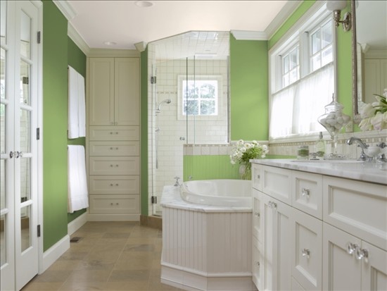 Ben Moore Kiwi Green pops against the white cabinetry and trim.