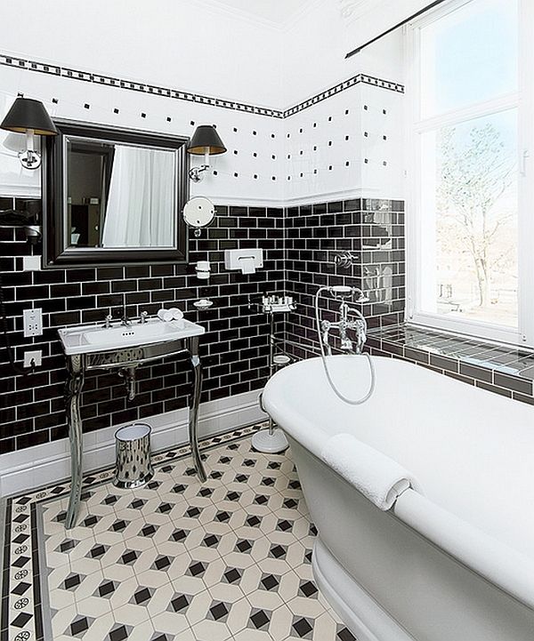 There is a lot happening in this bath. I might just do the floor or the black subway tile. Classic!