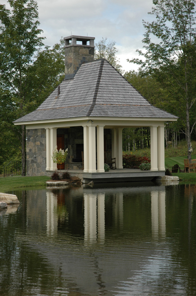 This stone pavilion designed by Ramsay Gourd Architects cantilevers over the pond. In the winter when the pond is frozen you can skate up to it and take off your skates to sit by the fire! It also houses a kitchen and changing room.