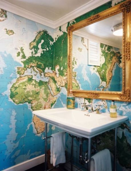 This map wallpaper is the perfect backdrop to this simple pedestal sink.