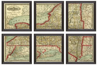 I love this idea of taking an over sized map and framing it in series . Looks like the map has been hand colored, too.