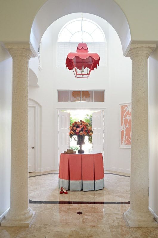 This simple skirt really makes this hall pop! It looks great under the pagoda pendant.