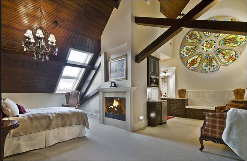 Beautiful stained glass and wood ceiling.