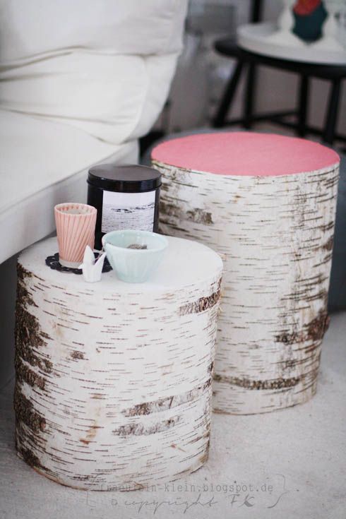 These birch logs make great side tables inside or out! Plus the painted tops add a pop of color!