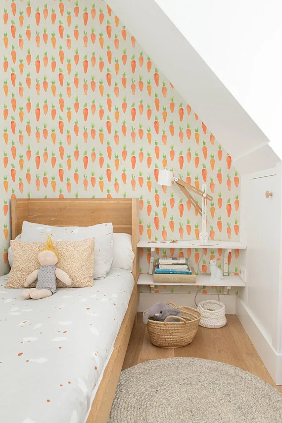 I found this adorable removable wallpaper on Etsy in a store called Water Color Workshop . This little nook is so adorable with the water color carrots that you don't mind that its a bit tight in here! 