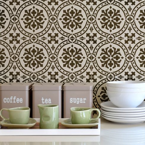 This Calista Tile stencil from Cutting Edge Stencils creates a great back splash in this kitchen. 