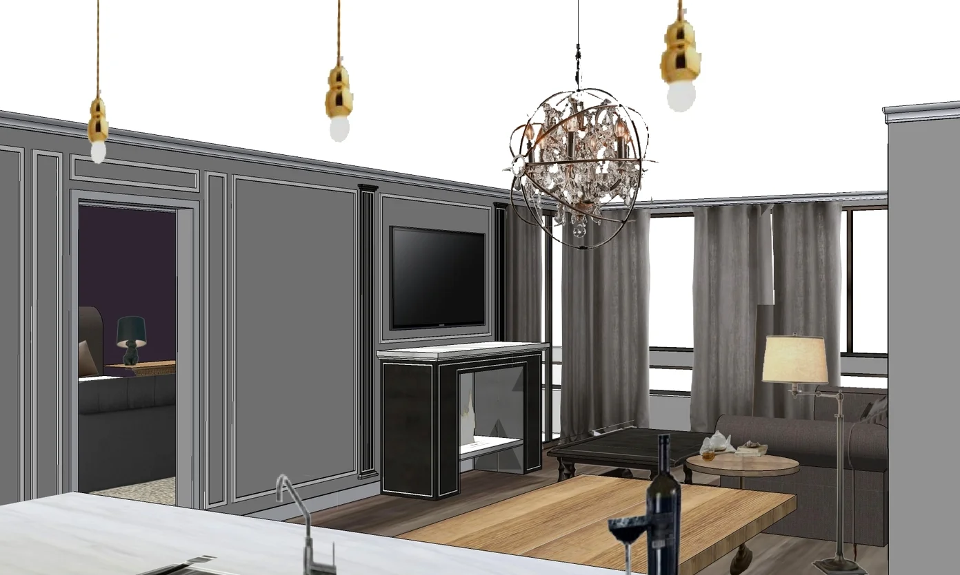  The fireplace, the flanking "neoclassical columns", the decorative paneling were the classic touches that the client wanted to have. He asked to incorporate these elements into the design drawings so we can achieve an "old world classic meets vintag