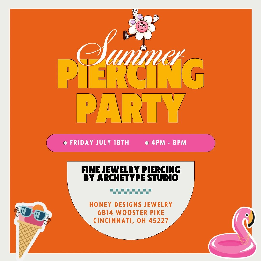 SO excited for a piercing party with @archetypecinci !

Friday, July 18th // 4pm-8pm

at Honey Designs: 6814 Wooster Pike, Cincy 45227

Join us for a special piercing event and secure your space in advance with this non-refundable $100 deposit. This 