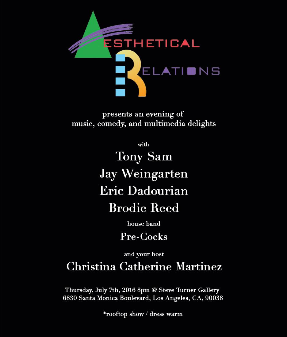 This very special edition of Aesthetical Relations is being generously hosted by Steve Turner Contemporary. Admission is free and so is the beer. 