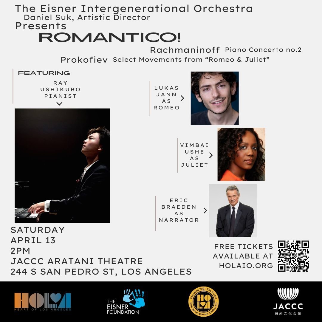 From our friends at Heart of Los Angeles: The Eisner Intergenerational Orchestra presents ROMANTICO! in the Aratani Theatre at 2PM. Join us for an afternoon of classical music by and for the Los Angeles community. We will invite prodigious pianist, R