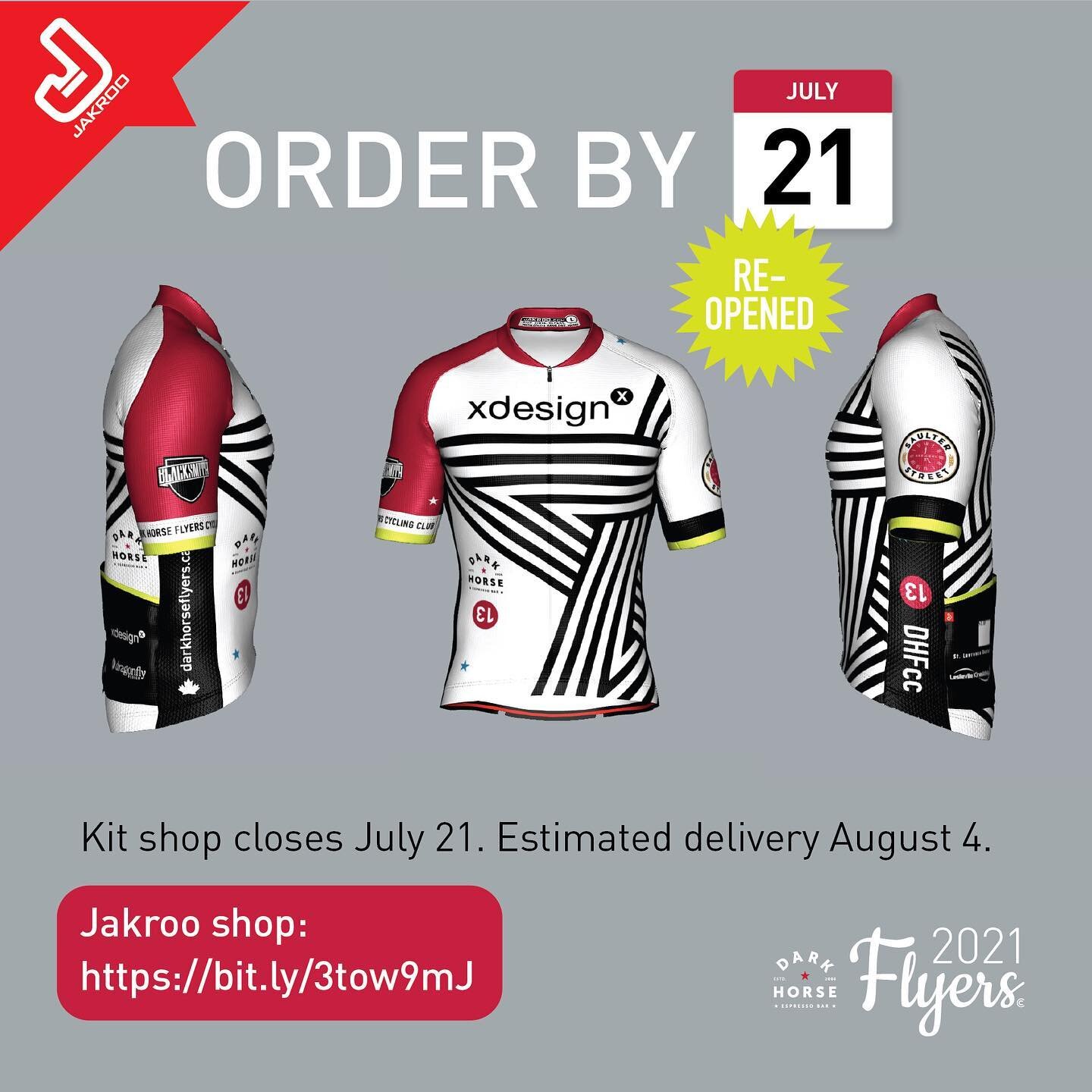 REOPENED! 

Our 2021 club kit is available for purchase. Order by July 21 and receive delivery to your door estimated for August 4. 

Link in bio. Happy shopping!

#clubkit #cyclingclub #jakroocanada #dhflyerscc #cyclingkit