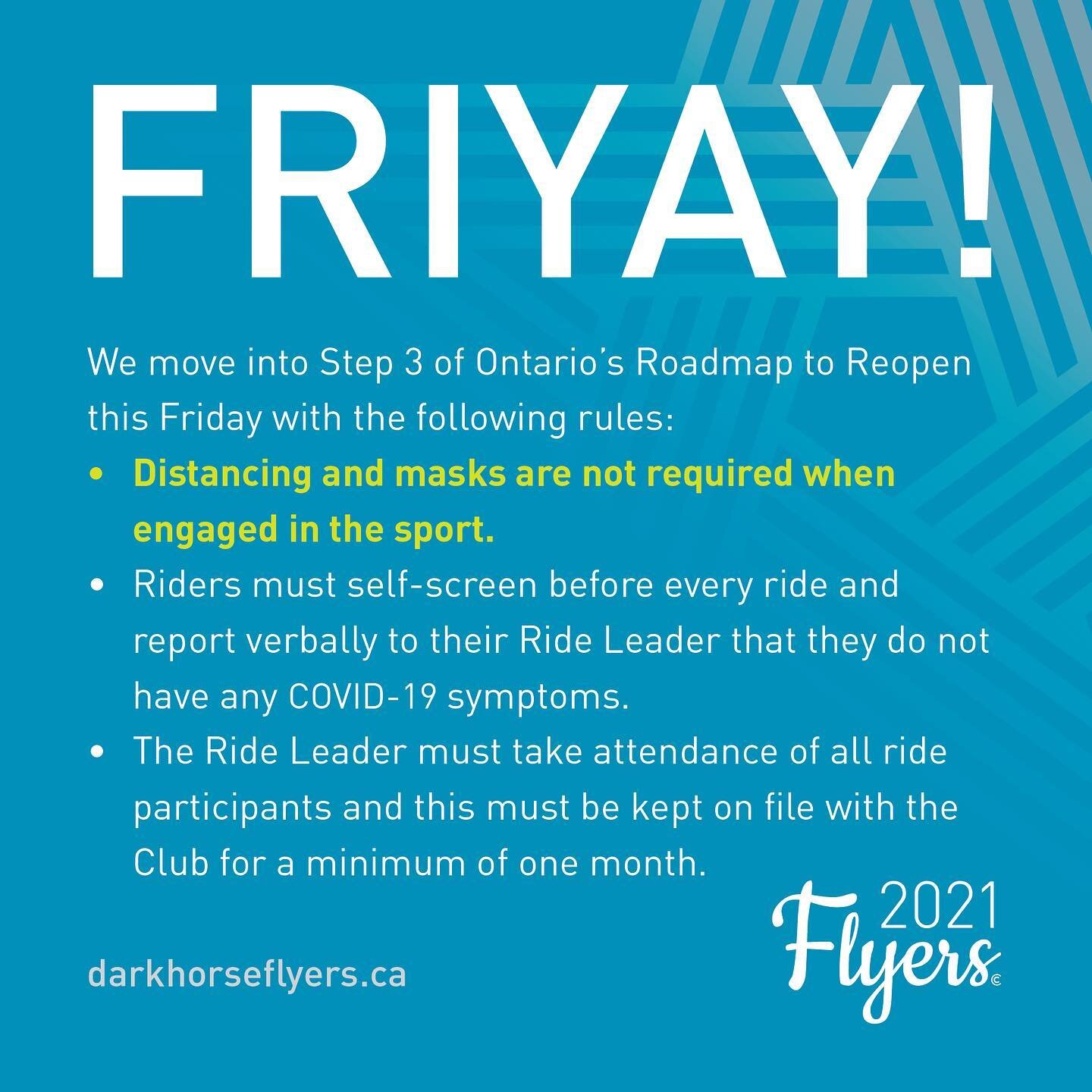 Tomorrow, we move into Step 3 of Ontario&rsquo;s Roadmap to Reopen.

What does that mean for club rides?
&bull; It means we can draft and ride with normal spacing and double pacelines. Yay! (Normal spacing is 1&ndash;3ft between bikes fore/aft and ba